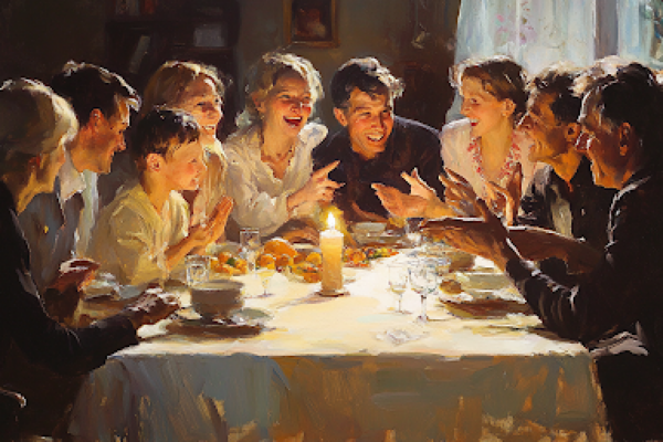 The Secret Seasoning for a Perfect Holiday: Storytelling A family gathered around a table sharing stories during a holiday dinner, capturing the warmth of holiday storytelling.