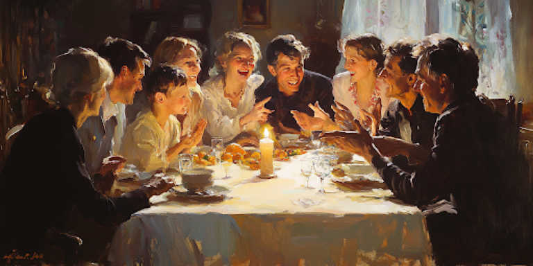 A family gathered around a table sharing stories during a holiday dinner, capturing the warmth of holiday storytelling.