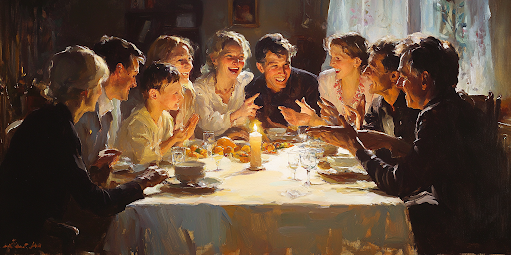 A family gathered around a table sharing stories during a holiday dinner, capturing the warmth of holiday storytelling.