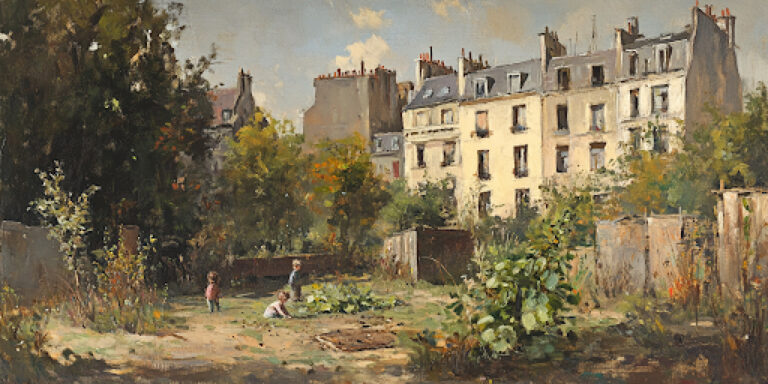 Children playing in an overgrown park surrounded by empty buildings illustrates the societal impacts of population decline.