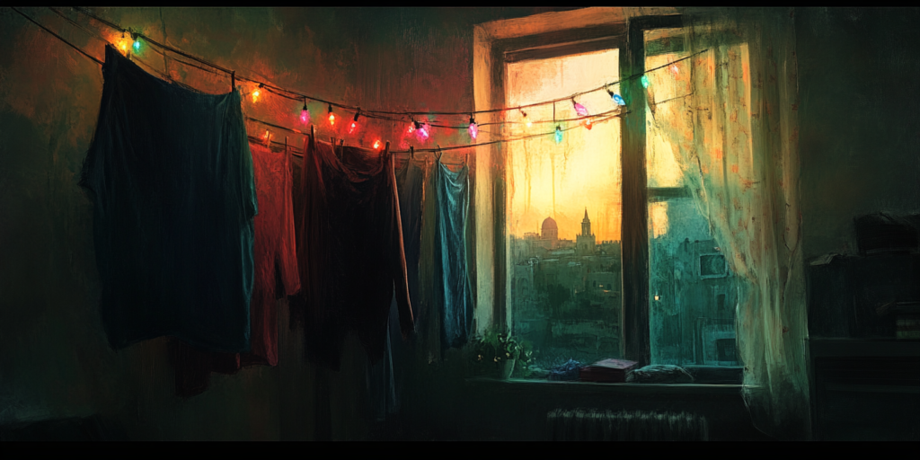 A painting in the style of Anders Zorn of a modest apartment interior with drying laundry hanging on strings, faintly lit by the glow of a string of colorful Christmas lights framed by a window showing a view of Jerusalem’s Old City.