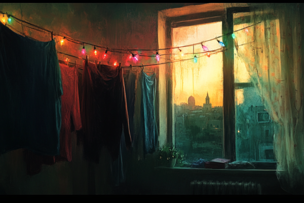 A painting in the style of Anders Zorn of a modest apartment interior with drying laundry hanging on strings, faintly lit by the glow of a string of colorful Christmas lights framed by a window showing a view of Jerusalem’s Old City.