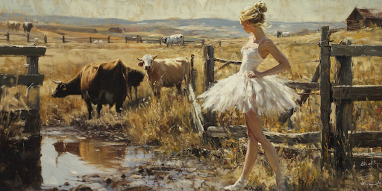 A ballerina stands on a rural farmyard, highlighting the ballerina farm controversy over tradition and modern roles.