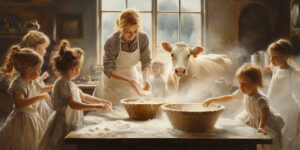 A chaotic family kitchen showcases motherhood and its role in the ballerina farm controversy.