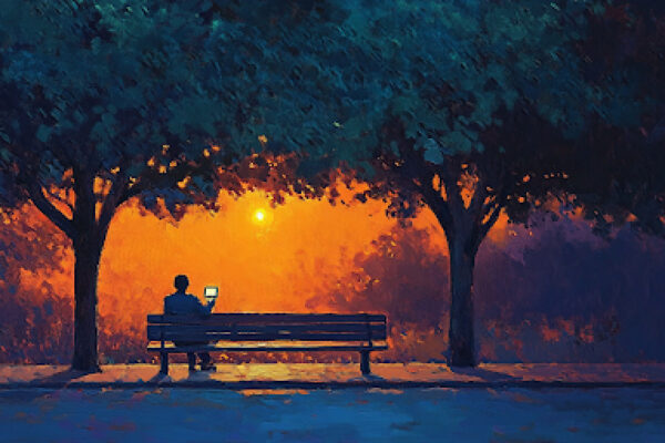 A person engages with a digital companion on a park bench, highlighting the emotional gap created by artificial relationships.