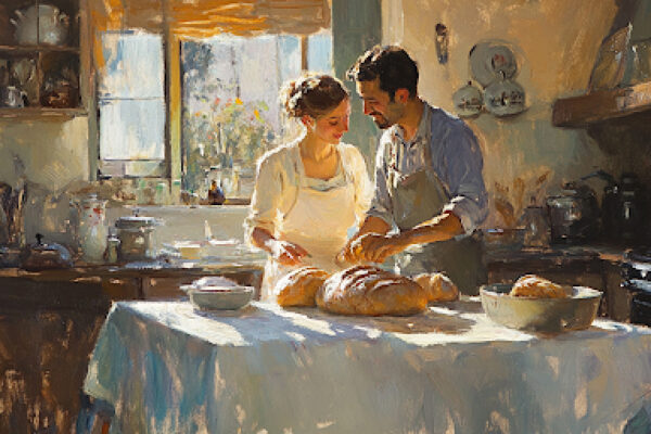 Young Happy Couple Slicing Bread Loaves in Sunlit Kitchen | God's Meaning of Sanctification | Intimate Relationships