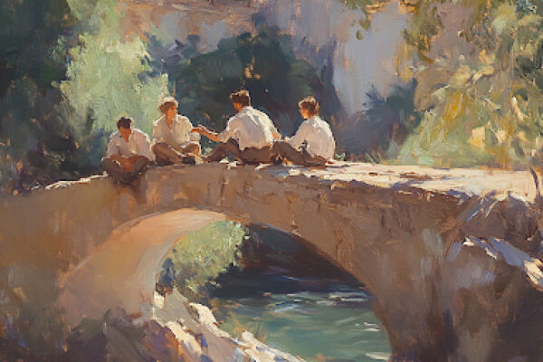A bridge scene showcasing dialogue and the conciliatory strength of Latter-day Saint voices in fostering unity.