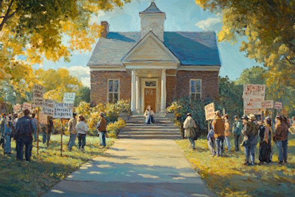 Librarian Seated by Library Entrance Amidst Protest Against Library Neutrality | Ethics of Librarianship | Public Librarians