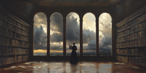 A librarian in a library with storm clouds outside reflects the challenges of librarian ethics.