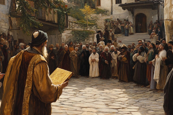 A scholar studies golden plates among ancient books, representing the connection between Nietzsche and Book of Mormon ideas.