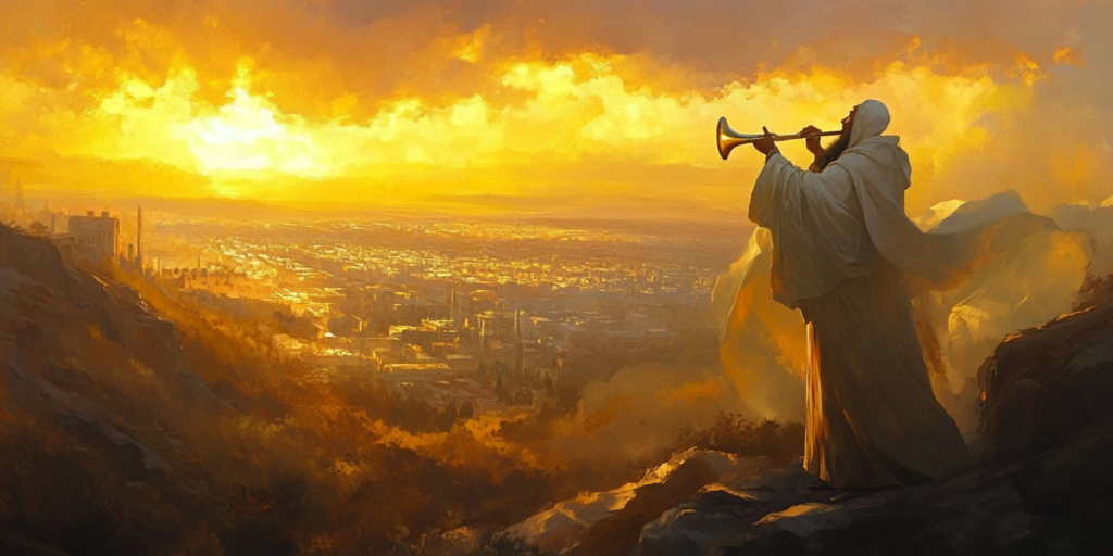 A priest blowing a trumpet symbolizes Christ in holy days and the fulfillment of ancient prophecies.