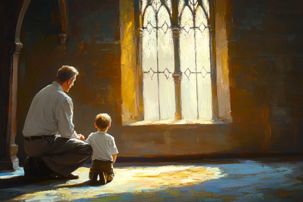 The Struggles and Grace of Raising a Special Needs Child with the Help of Faith A father kneels with his child in a church, evoking hope and the value of special needs resources.