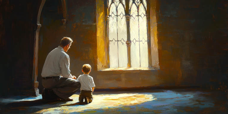 A father kneels with his child in a church, evoking hope and the value of special needs resources.
