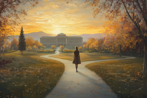 A student walks toward a campus at sunrise, representing hope and the transformative power of education at BYU.