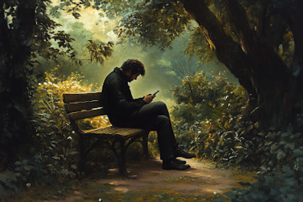 A figure absorbed by technology, ignoring nature, symbolizing the extinction of experience in modern life.