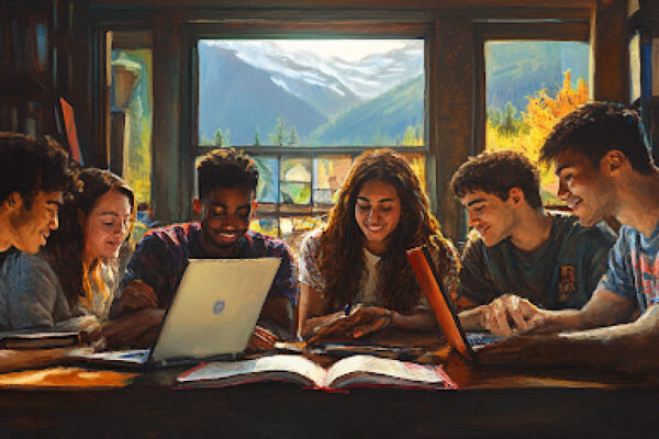 A collaborative library scene showcasing the unity of faith-based education.