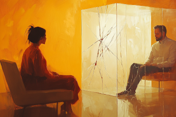 A client enclosed in a fragile glass box symbolizes the risks of validation in therapy.