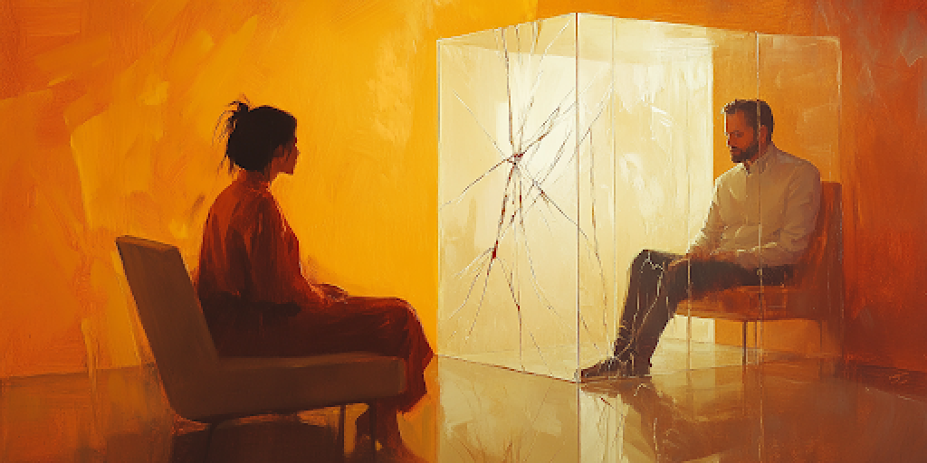 A client enclosed in a fragile glass box symbolizes the risks of validation in therapy.