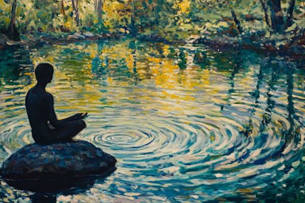 A person calmly sitting by a river, symbolizing controlling anger through mindful breathing and emotional reflection.