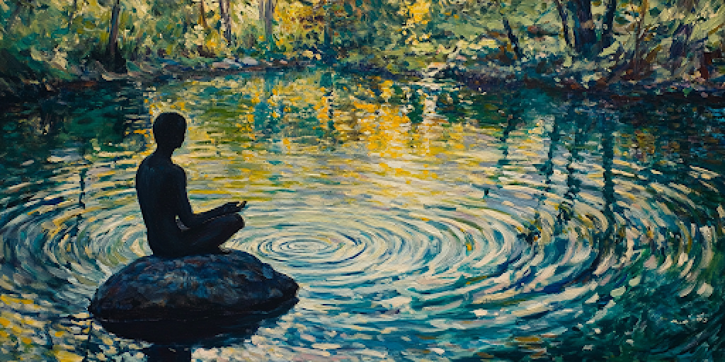 A person calmly sitting by a river, symbolizing controlling anger through mindful breathing and emotional reflection.