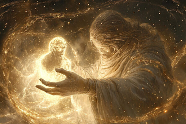 A heavenly sculptor shapes a human form, symbolizing the sacred connection between gender identity and faith in divine creation.