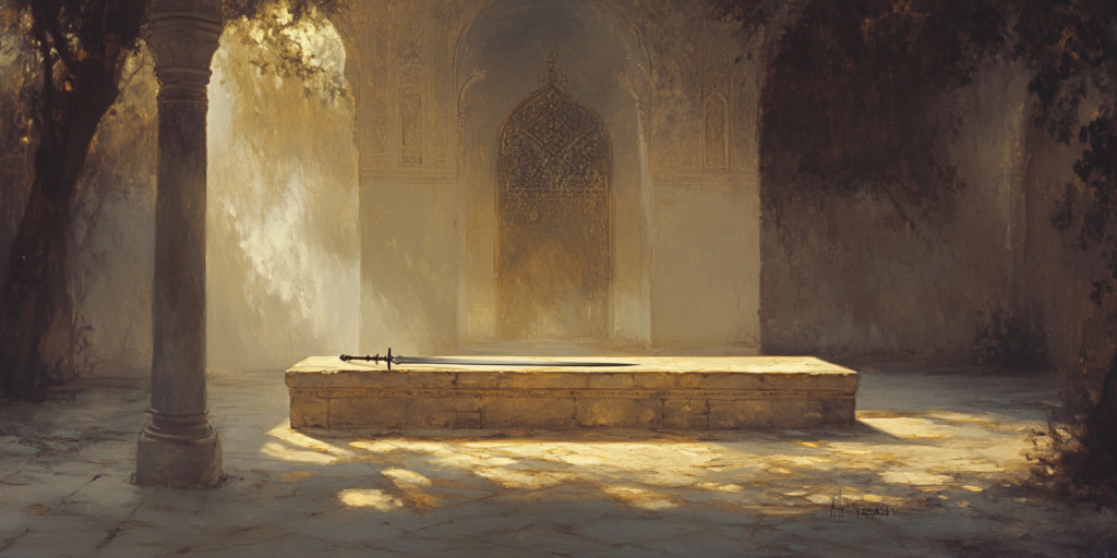 A serene mosque courtyard with a resting sword evokes debates on violence in Islam.
