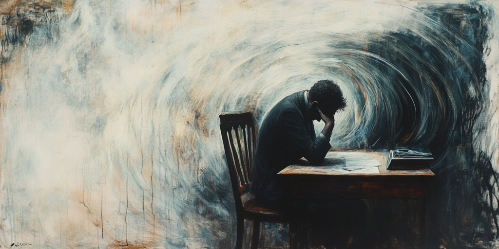 A self-care scene showing a figure weighed down by overthinking with subtle, swirling details.