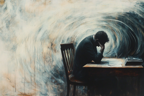 A self-care scene showing a figure weighed down by overthinking with subtle, swirling details.