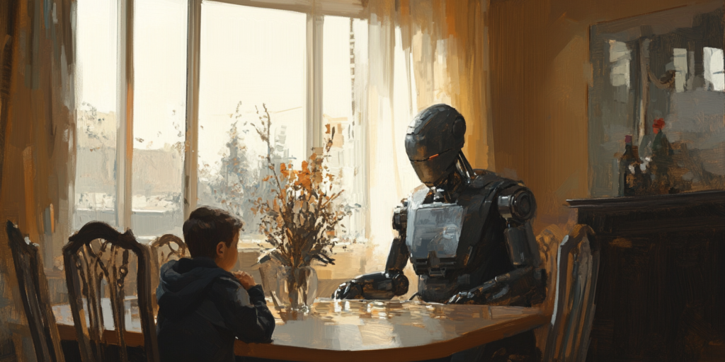 A family dinner scene featuring a robot figure in place of a parent, symbolizing raising the AI generation.