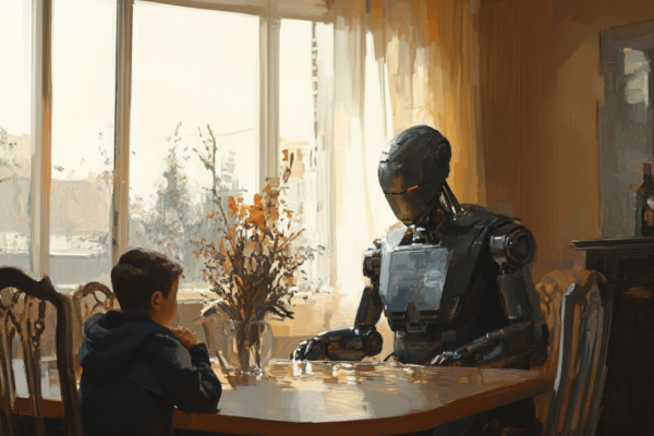 The Allure of Automation: AI’s Intrusion on Parental and Family Agency A family dinner scene featuring a robot figure in place of a parent, symbolizing raising the AI generation.