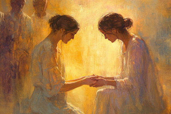 A woman kneels, washing another’s hands depicting the sacred ministering role in women and the priesthood.