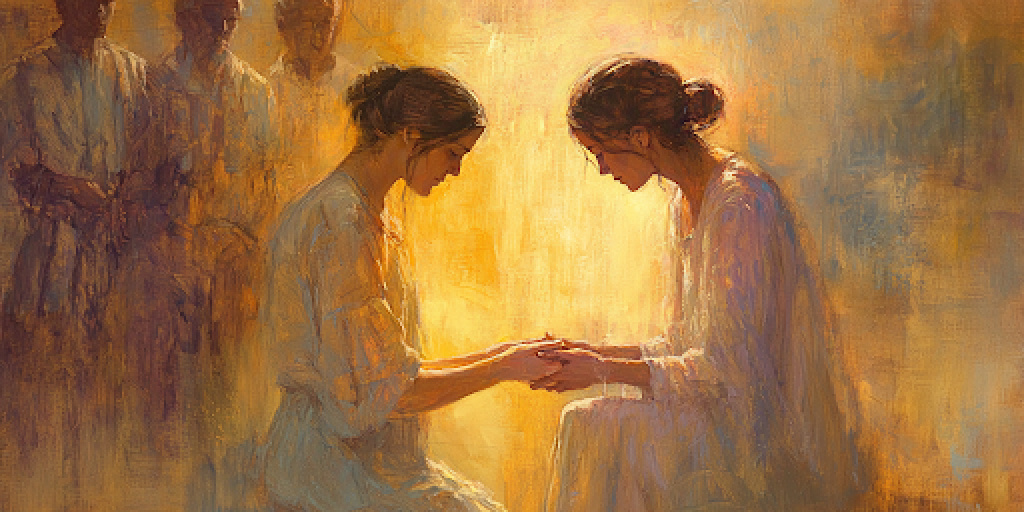 A woman kneels, washing another’s hands depicting the sacred ministering role in women and the priesthood.