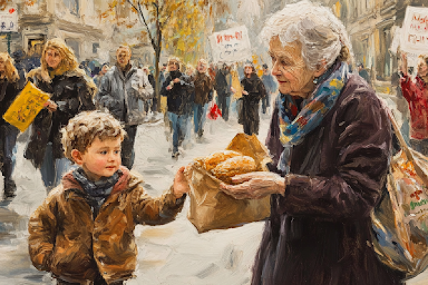 A woman’s quiet kindness contrasts with political fervor, echoing The Peacegiver’s lesson that true change comes through love, not slogans.
