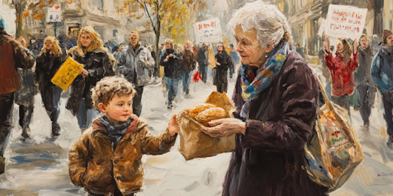 A woman’s quiet kindness contrasts with political fervor, echoing The Peacegiver’s lesson that true change comes through love, not slogans.