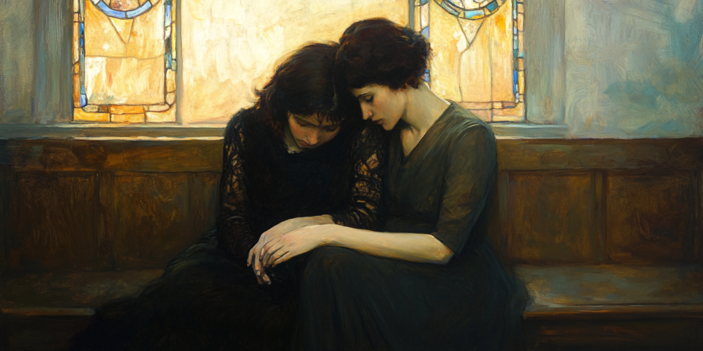 A survivor of sexual abuse in the Church finds comfort as a friend offers a shoulder to lean on, symbolizing the power of compassion and support.