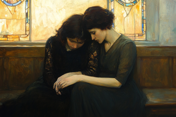 A survivor of sexual abuse in the Church finds comfort as a friend offers a shoulder to lean on, symbolizing the power of compassion and support.