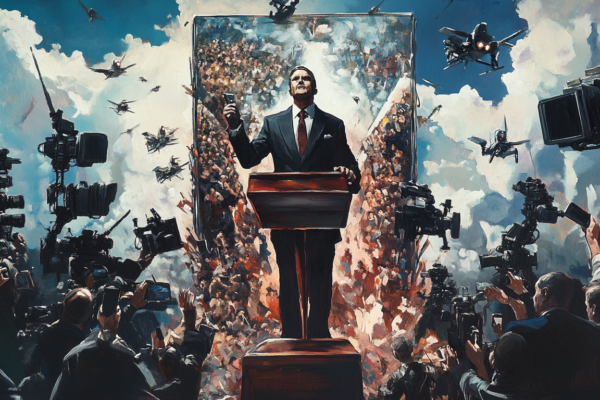 A polished figure reflects distorted truths to an adoring audience, symbolizing the antichrist's last days.