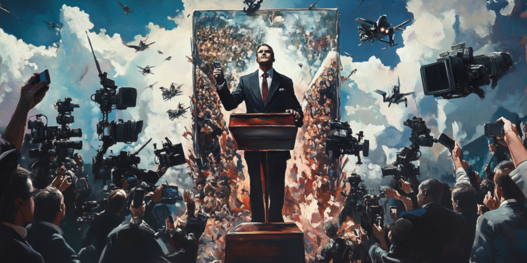 A polished figure reflects distorted truths to an adoring audience, symbolizing the antichrist's last days.