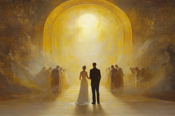 A bride and groom stand before an ethereal veil, symbolizing how 