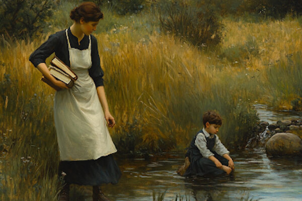 The Anesthesia of Busyness: When Doing More Means Feeling Less A rushing mother misses her child’s peaceful moment with nature, highlighting Christian mindfulness.