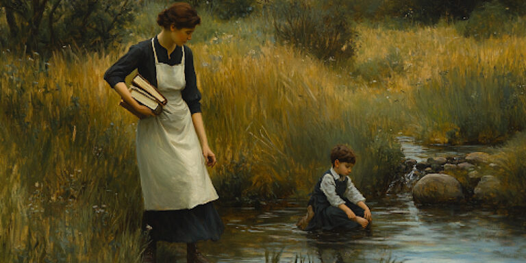 A rushing mother misses her child’s peaceful moment with nature, highlighting Christian mindfulness.