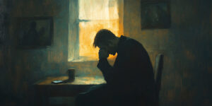 A man depicting Kevin Franke sits alone, head in hands. An untouched phone rests on the table as a distant light filters in, highlighting his isolation and regret.