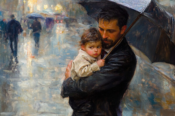 A father protects his child in adversity, reflecting the resilience and sacrificial love of fatherhood.