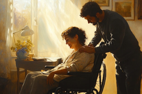 The Savior’s Love Isn’t Earned Through Service—But It’s Revealed Through It A man tenderly lifts a disabled woman, expressing how to feel God's love through gentle, Christlike acts of service.
