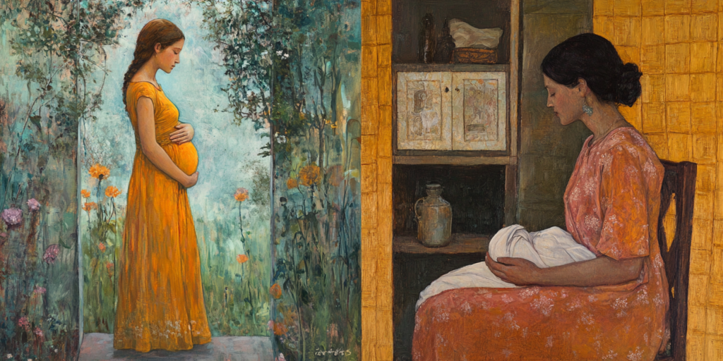 Eve departs Eden and Mary prepares for birth, showing two sacred beginnings in the story of motherhood.