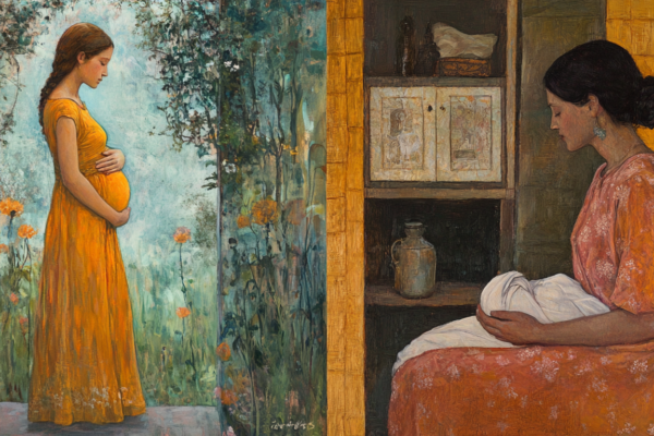 Eve departs Eden and Mary prepares for birth, showing two sacred beginnings in the story of motherhood.