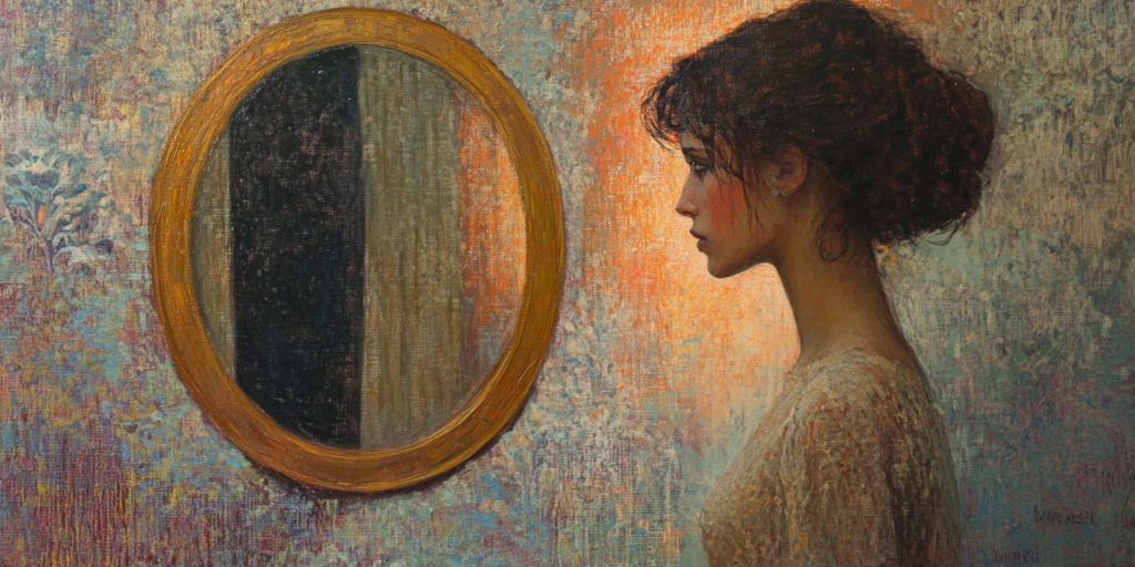 A woman gazes into a mirror that reflects darkness, portraying the emptiness behind the illusion of self-love.