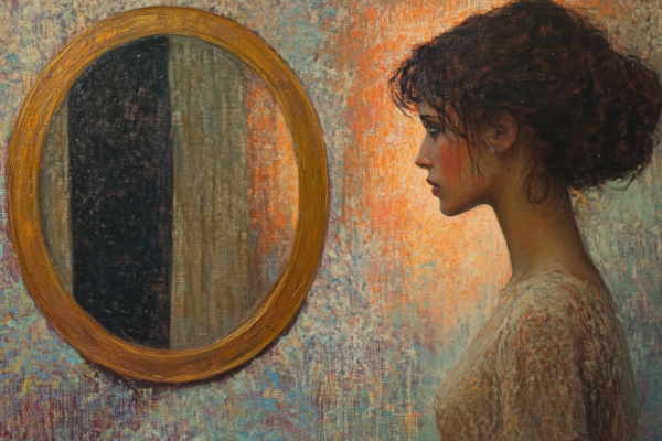 A woman gazes into a mirror that reflects darkness, portraying the emptiness behind the illusion of self-love.