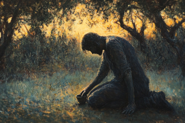 A figure clutches a cup in a dark grove, evoking Christ’s suffering and the question of Why God Allows Suffering.