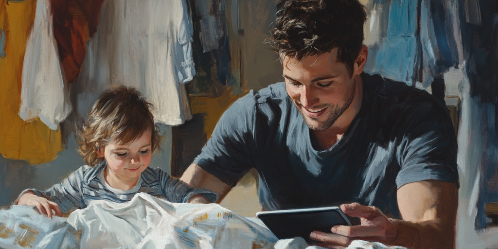 A father multitasks during the LDS General Conference 2025, portraying joy and devotion in the ordinary, messy work of family life.